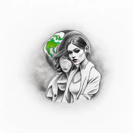 a girl sitting sideways on a planet earth tattoo design idea