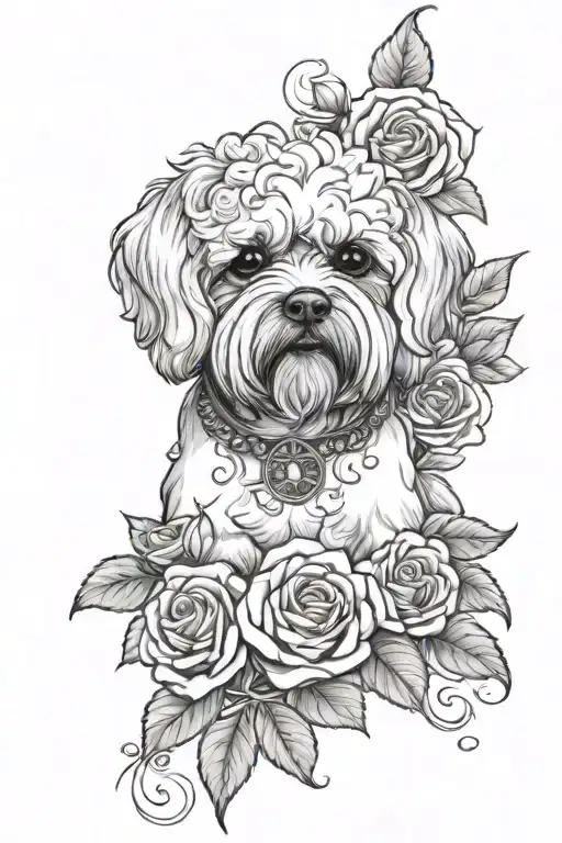 first name noe with roses and maltese bichon tattoo design idea