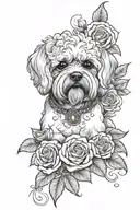 first name noe with roses and maltese bichon tattoo design idea