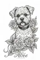 first name noe with roses and maltese bichon tattoo design idea