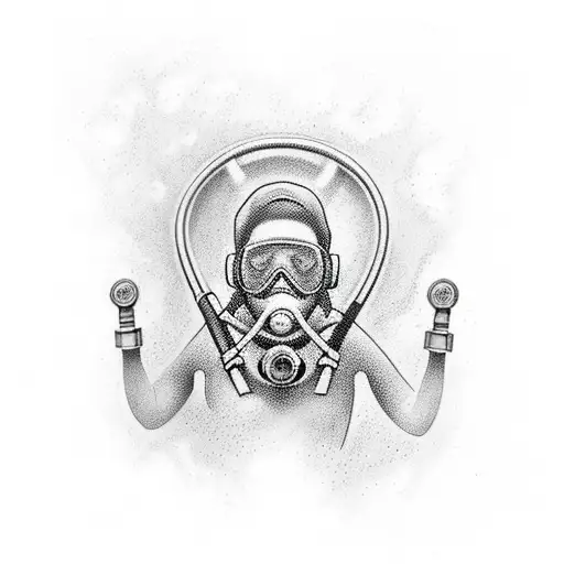 A realistic portrait of a scuba diver exploring a majestic underwater cave, capturing the sense of wonder and adventure. tattoo design idea