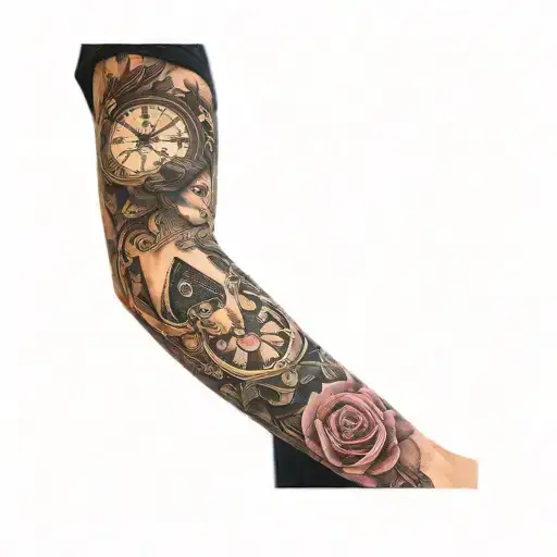 The tattoo will cover the entire length of the arm, including the back. In the center, there is a queen of cards, portra tattoo design idea