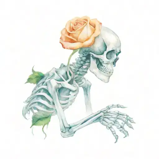 The skeleton's hand holds a rose tattoo design idea