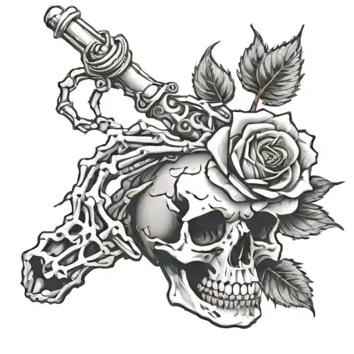 The skeleton's hand holds a rose tattoo design idea