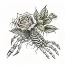 The skeleton's hand holds a spider rose blooming tattoo design idea