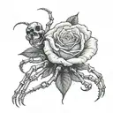 The skeleton's hand holds a spider rose blooming tattoo design idea