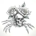 The skeleton's hand holds a spider rose blooming tattoo design idea