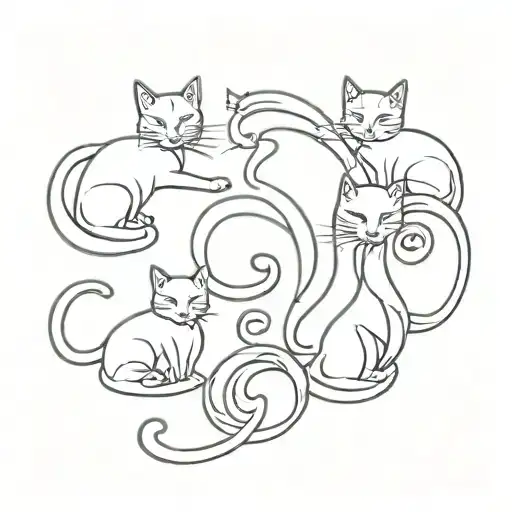 5 cats playing together. swirly outline tattoo design idea