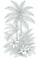 palm tree with vegetation underneath her with frangipani, fern and monstera tattoo design idea