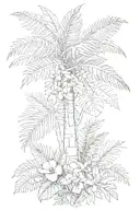 palm tree with vegetation underneath her with frangipani, fern and monstera tattoo design idea