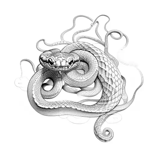 A mesmerizing snake coiled around a bed of dark flowers tattoo design idea