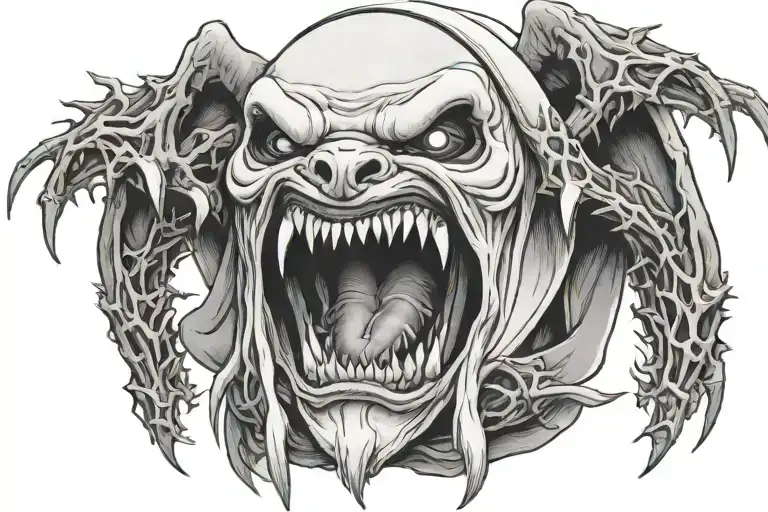 nun with white out eyes taking off an oni mask revealing crazy teeth surrounded by thorns  tattoo design idea