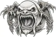 nun with white out eyes taking off an oni mask revealing crazy teeth surrounded by thorns  tattoo design idea