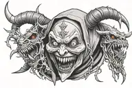 nun with white out eyes taking off an oni mask revealing crazy teeth surrounded by thorns  tattoo design idea