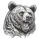 angry grizzly bear with fear god surrounded tattoo design idea