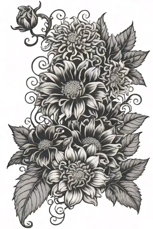chrysanthemum, aster and morning glory vine tattoo design idea