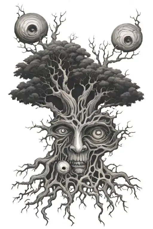 dark and whats to look alive roots with eye balls incorporated. More roots, more eyes and less tree tattoo design idea
