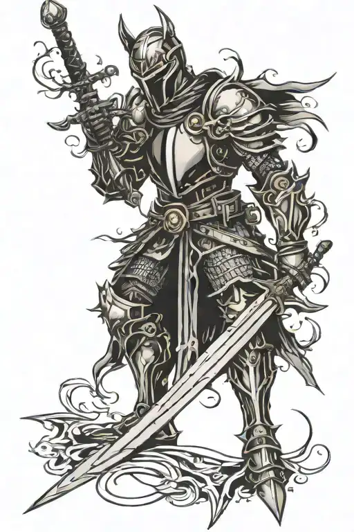 dark and twisted knight that is pierced with a sword tattoo design idea