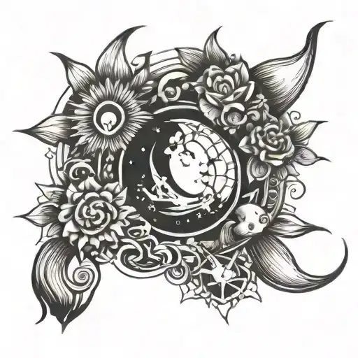 can you give me a tattoo idea with a sun a moon the ocean the mountains a brain and a heart with the word balance. maint tattoo design idea