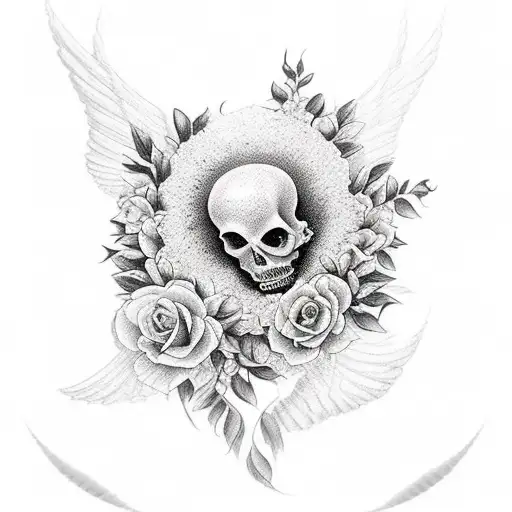 A beautiful angel delicately holding a bouquet of roses and surrounded by buzzing bees tattoo design idea