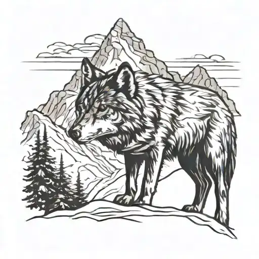 A silhouette of a lone wolf against a backdrop of snow-capped mountains tattoo design idea