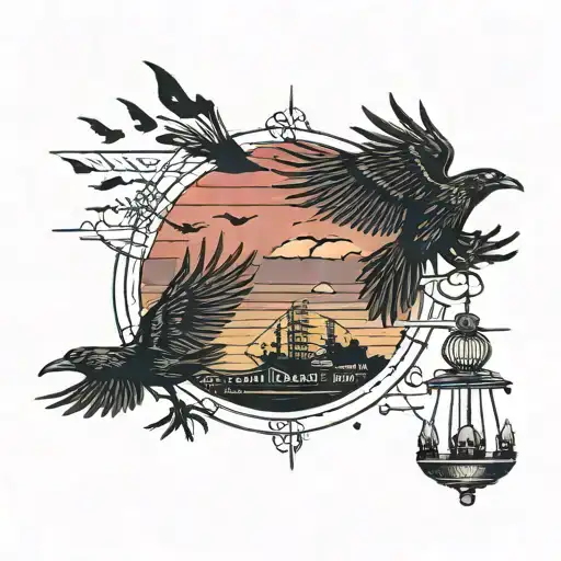 A traditional style tattoo of a gang of crows flying over a blood-red sunset, representing the musician's love for music and dark aesthetics tattoo design idea