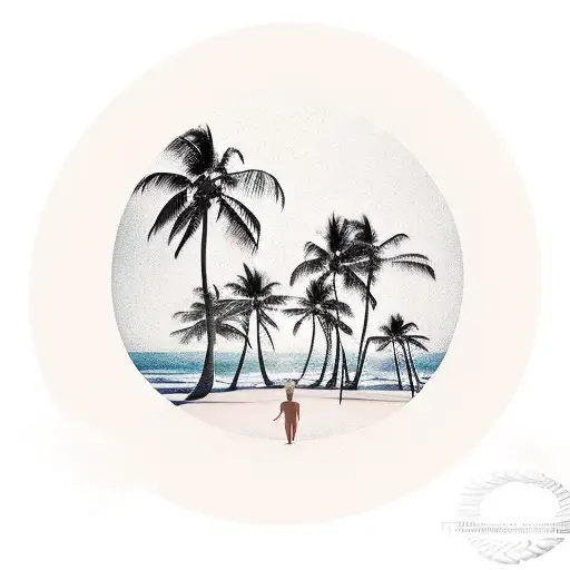 A realistic tattoo showcasing a serene beach scene with palm trees, gentle waves, and the sun shining brightly in the sky tattoo design idea