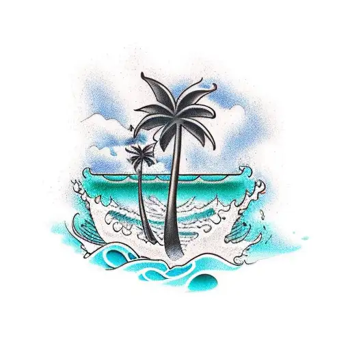 A traditional tattoo design featuring a palm tree surrounded by crashing waves, symbolizing the client's love for water sports tattoo design idea