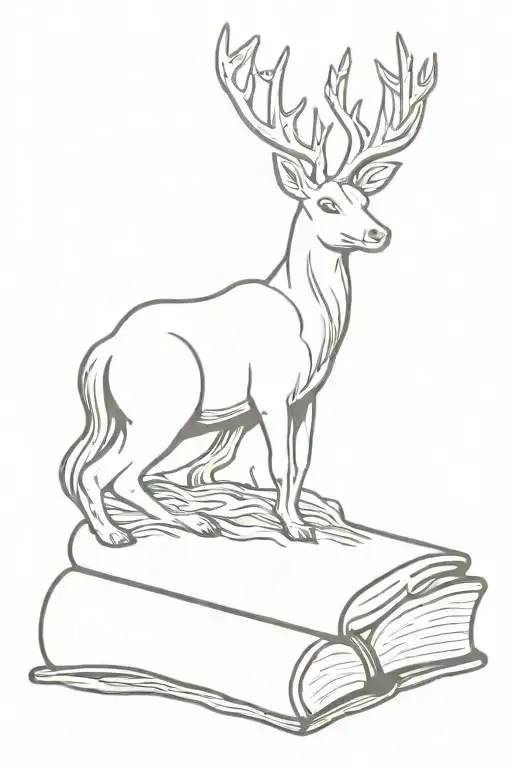 head of white stag with fire crown above head sitting on top of open book tattoo design idea