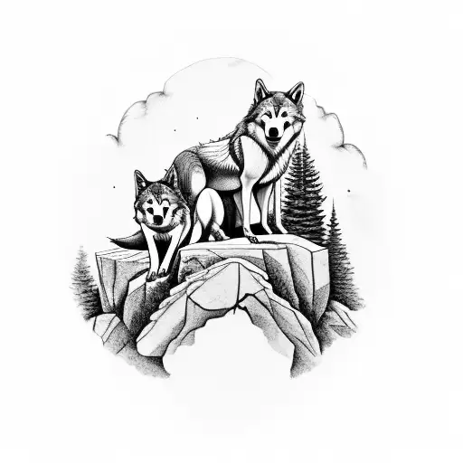 Tattoo of Four wolves on a rock ledge with pine trees in the background. Two young wolves playing, while the female is l tattoo design idea