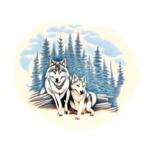 Four wolves on a rock ledge with pine trees in the background. Two young wolves playing, while the female is l tattoo design idea
