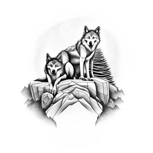 Tattoo of Four wolves on a rock ledge with pine trees in the background. Two young wolves playing, while the female is l tattoo design idea