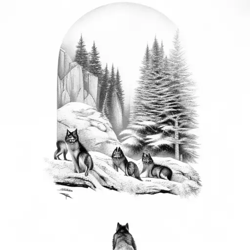 Four wolves on a rock ledge with pine trees in the background. Two young wolves playing, while the female is l tattoo design idea