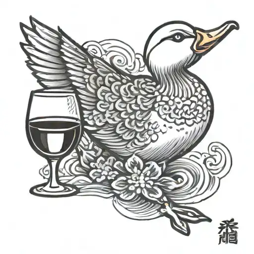 A funny duck holding a glass of wine tattoo design idea