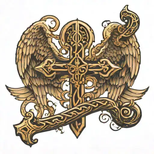 a sword with a hilt in the form of a wooden cross, entwined with snakes like a caduceus, wings on both sides of the hilt, a silhouette of a tattoo with transparent tattoo design idea