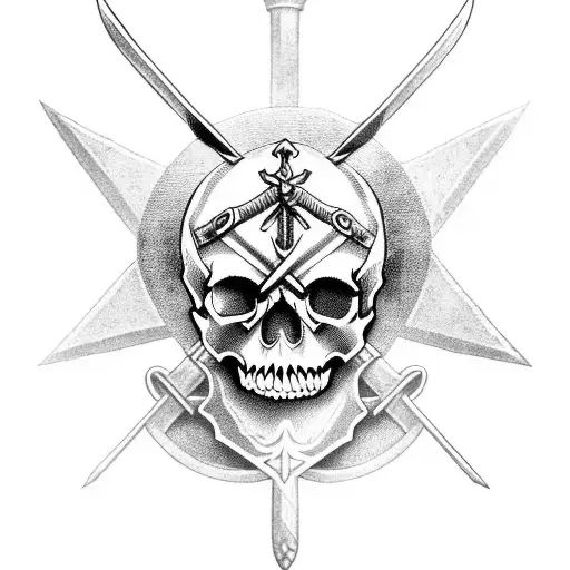 A skull with crossed swords in a war setting tattoo design idea