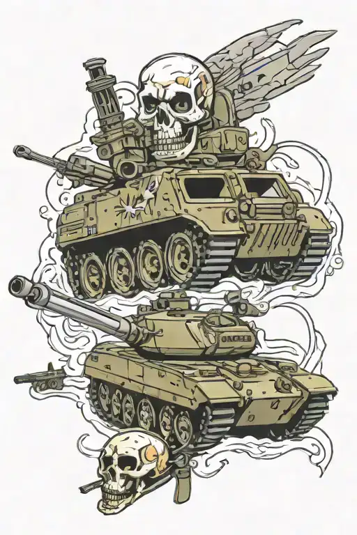 skull, m60 tank, buzzard, army patch, piston, bone tattoo design idea