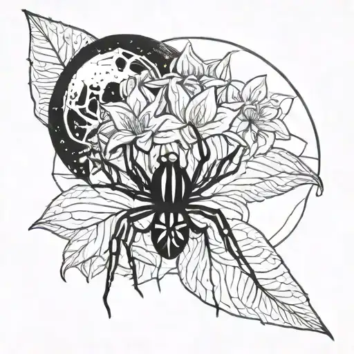 Black widow spider as stem of a moon flower tattoo design idea