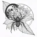 Black widow spider as stem of a moon flower tattoo design idea