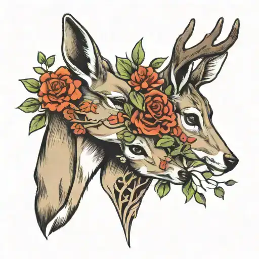 buck and doe kissing with flowers growing tattoo design idea