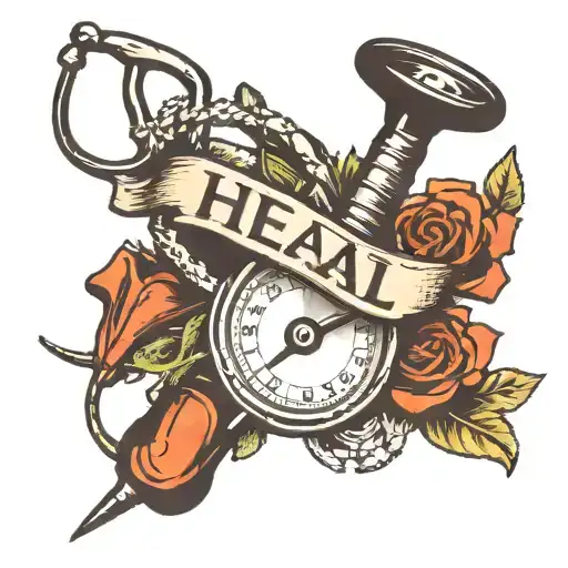 The word heal with a stethoscope, needle, thermometer, and bandage tattoo design idea