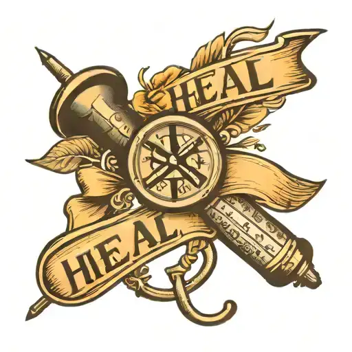 The word heal with a stethoscope, needle, thermometer, and bandage tattoo design idea