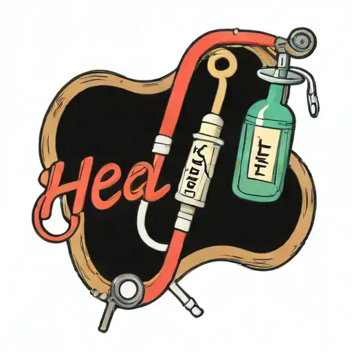 The word heal with a stethoscope, needle, thermometer, and bandage tattoo design idea