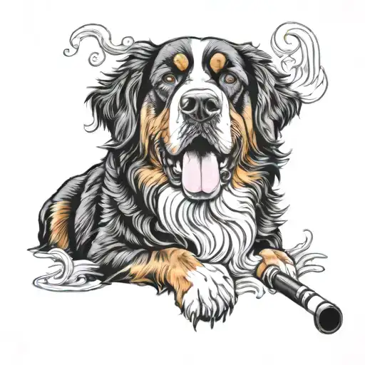 a bernese mountain dog with a pipe in the back and smoke coming out of it tattoo design idea