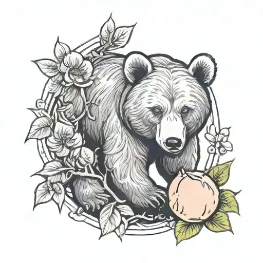 bear cub and peach tree surrounded tattoo design idea