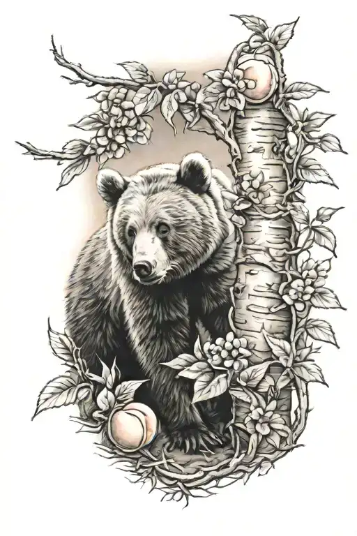 bear cub and peach tree tattoo design idea