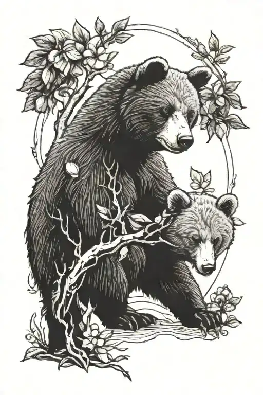 bear cub and peach tree tattoo design idea