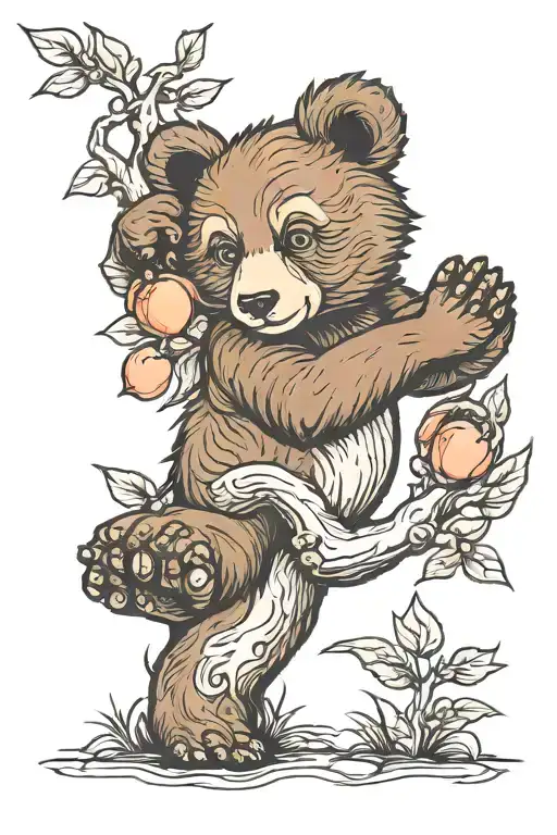 bear cub and peach tree tattoo design idea