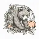 bear cub and peach tree surrounded tattoo design idea