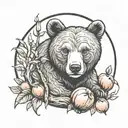 bear cub and peach tree surrounded tattoo design idea